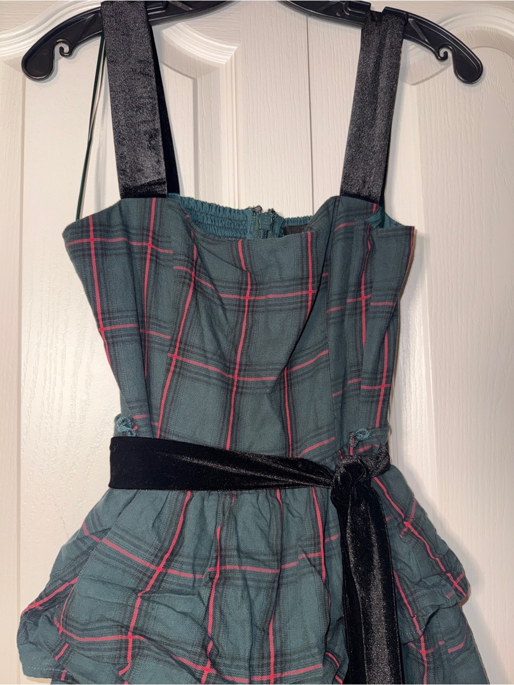 Green Plaid Velvet-Trim Christmas Mid Dress